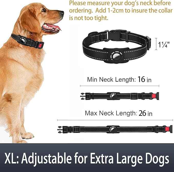 AirTag Dog Collar with AirTag Holder Compatible for Air Tag, Reflective Soft Padded, Safety Locking Buckle, Adjustable Nylon for Small Medium Large Dogs (Black,XL)