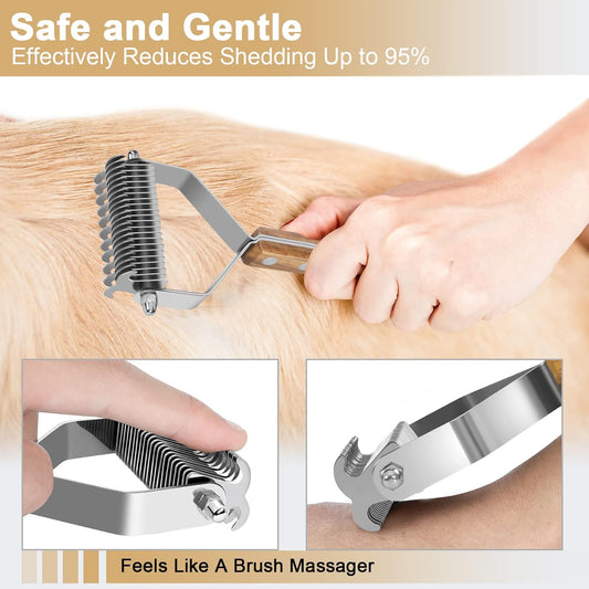 Undercoat Rake for Dogs - Dual-Sided Deshedding Blade, Wooden Handle, Professional Pet Grooming Tool with Matting Remover & Shedding Control for Double Coat Dogs & Long-Haired Cats, Large