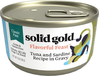 Solid Gold Wet Cat Food Pate - Healthy Canned Cat Food Pate w/Real Tuna & Sardine, Omega Fatty Acids, Vitamins & Minerals - Grain Free & Gluten Free Can Meals for Cats & Kittens - 24ct/3oz Can