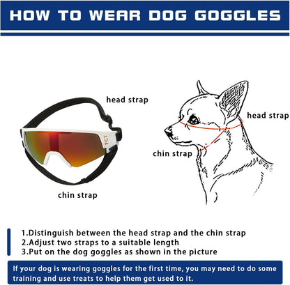 Dog Goggles for Small to Medium Breed, Dog Sunglasses UV Protection, Windproof & Anti-Fog, Puppy Sunglasses with Padded Frame and Adjustable Straps for Outdoor Riding, Driving（White）