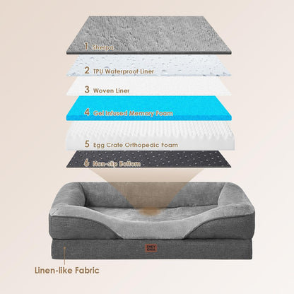 EHEYCIGA Memory Foam Dog Bed for Large Sized, Orthopedic Dog Sofa with Sides and Waterproof Liner, Washable Bolster Pet Couch with Removable Cover, 41x27x7.5 Inch, Grey