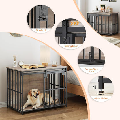HOOBRO Dog Crate Furniture, 36.6" Heavy Duty Dog Kennel with Sliding Barn Door, Wooden Dog Cage Indoor, Decorative Side End Table for Small/Medium Dogs, Greige and Black GY162GW03G1