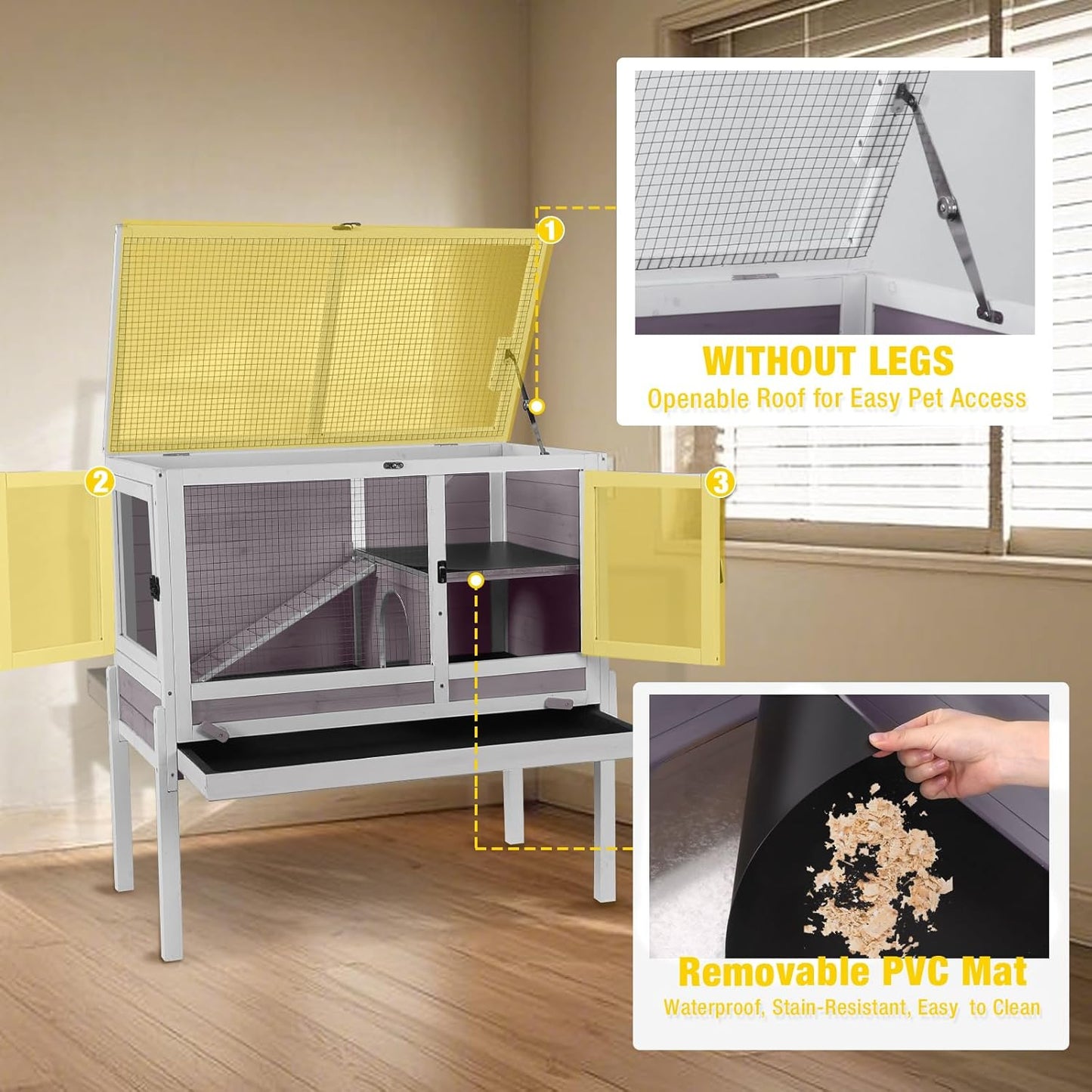 Aivituvin 2-Story Rabbit Hutch with Anti-Chew Ramp & Zinc Sheet - 36.6" Indoor Guinea Pig Cage, Wooden Stand, Pull-Out Tray & Leakproof Floor (Grey)