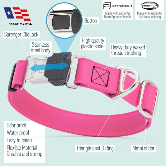 Dogline Biothane Waterproof Dog Collar with Herm Sprenger Black Stainless Steel Quick Release Buckle – Heavy Duty Tactical Durable Collar for Dogs – Comfortable and Safe Pet Collar W3/4" L12-19 Pink