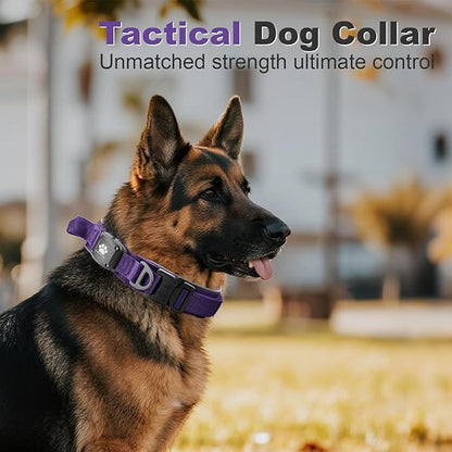 2026 Upgrade Dog Collar with IPX8 Waterproof AirTag Holder,Military Tactical Comfortable Control Handle and Ultra-Durable Metal Buckle/Night Reflective,GPS Collar for Medium to Large Dogs（Purple/L）