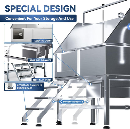 Professional 46" Dog Washing Station, Stainless Steel Dog Bathing Station, Height Adjustable Dog Wash Station, Storage Drawer, Upgrade Parts, Home, Commercial (Left Step)
