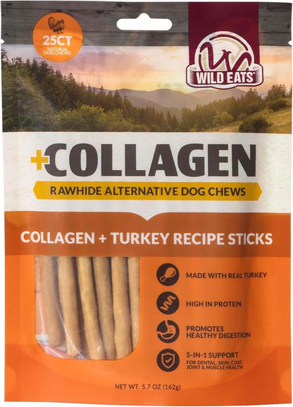 Wild Eats Turkey Collagen Sticks for Dogs (25 Pack, 0.6 cm Wide) Long Lasting Dog Chews No Hide Dog Treat Bully Stick Alternative, Rawhide Free, Grain Free, High Protein