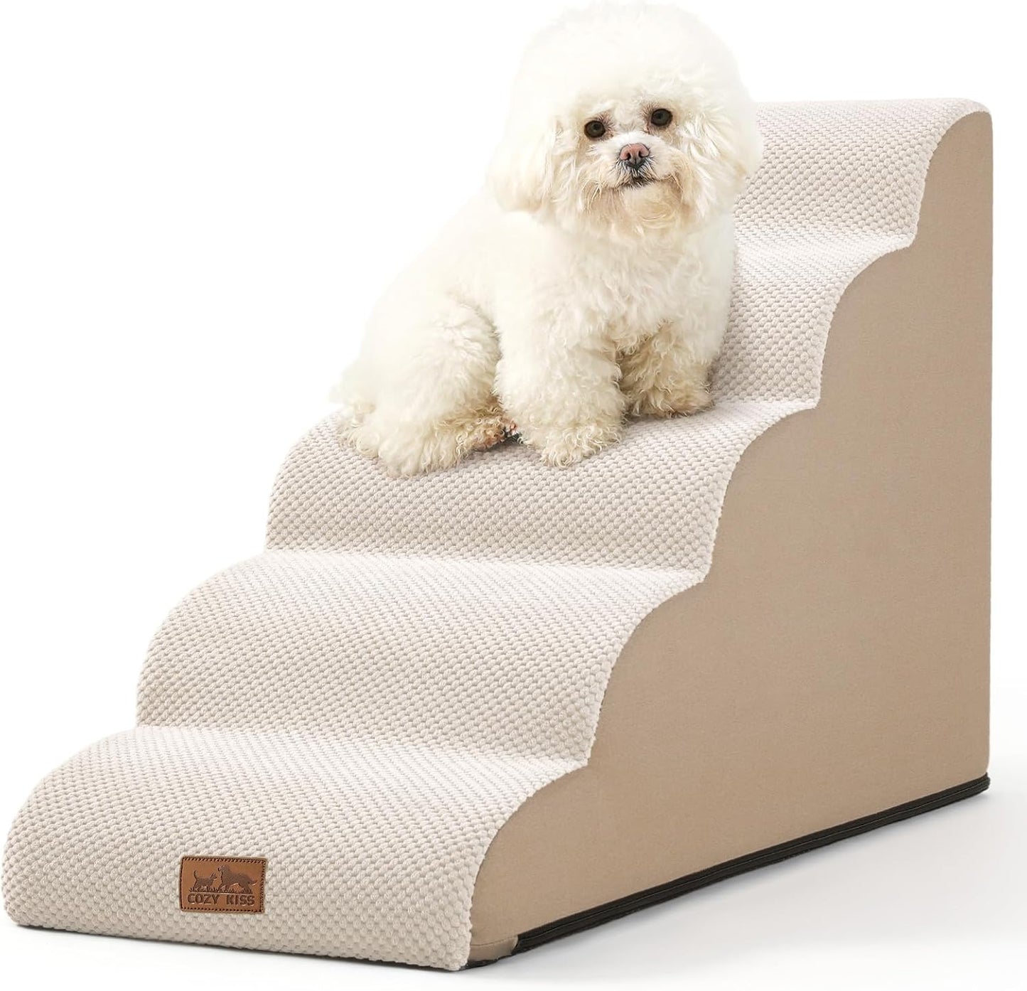 Dog Stairs for Small Dog 22.6" H, Curved Pet Step for Puppy, Older Cat, Medium Pet Ramp for High Bed, Ladder with High Density Foam, Durable, 5 Step, 15.7x33x22.6 inch, Beige - Pawvie