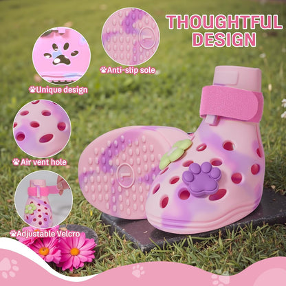 Dog Shoes for Hot Pavement, Adjustable Magic Tape Boots for Small, Medium & Large Dogs, Anti-Slip, Easy to Clean Paw Protectors for Beach, Outdoor & Hot Weather (Pink L)