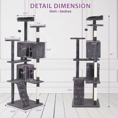 70 inches Cat Tower for Indoor Cats Multi-Level Cat Condos for XL Cat Tree Cat Climbing Tower with Scratching Posts, Hanging Toys,Light Gray