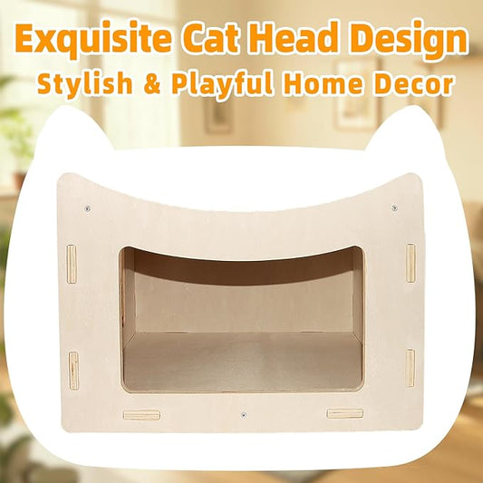 Cute Cat Head Wooden Indoor Cat House, Double Decker Cat Shelter with Elevated Soft Canvas Upper Bed, Multi-Level Pet Condo for Cats & Rabbits