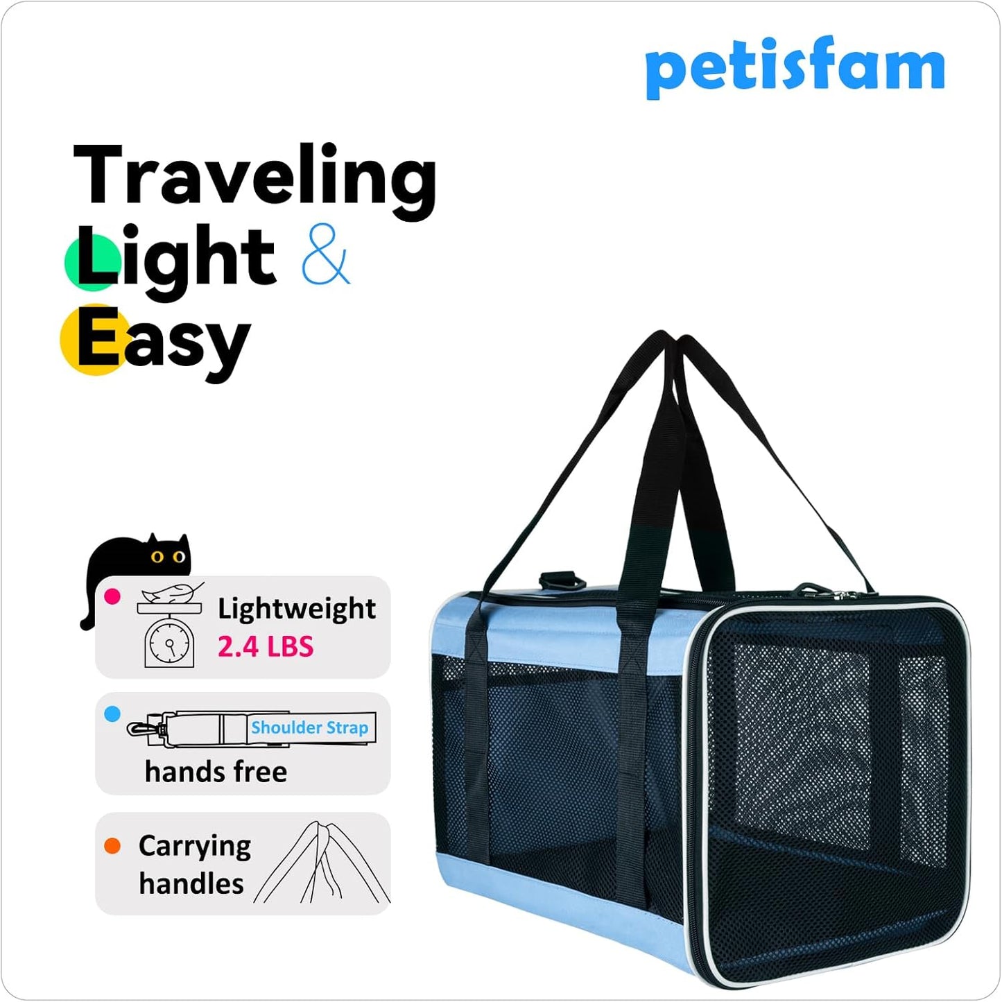 petisfam Soft Pet Carrier for Large and Medium Cats, 2 Kitties, Small Dogs. Easy to Get Cat in, Great for Cats That Don't Like Carriers (Blue) - Pawvie