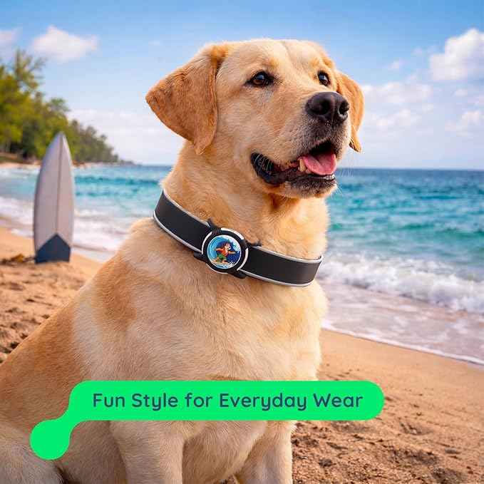 Dog AirTag Holder for Dog Collar, Soft Silicone Slide-On Case for Apple AirTag, No-Dangle Quiet Protective Holder with Eye-Catching Pet Character Designs, Black-Surfer