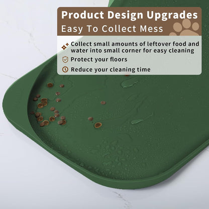 Silicone Pet Feeding Mat with Raised Edge & Residue Collection Pocket for Food and Water, Dog Bowl Mats, Cat Bowls Placemat with High Lip for Floor Waterproof, 22 x 14 x 0.8 Dark Olive