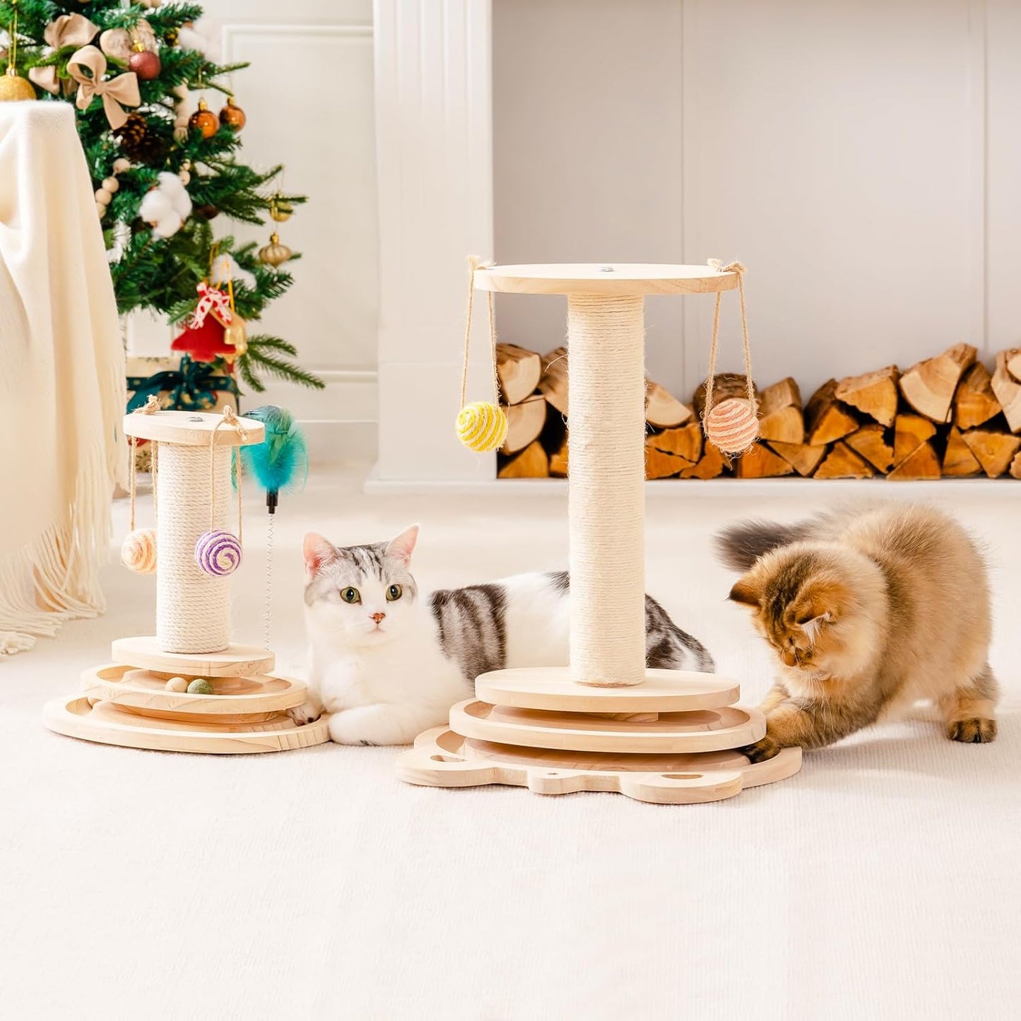 MEWOOFUN Cat Toy 2-Layer Turntable Cat Ball Toy with Feather,Kitten Toys Interactive Cat Toy with Eight Interactive Balls and Two Sisal Dangling Balls (Large)