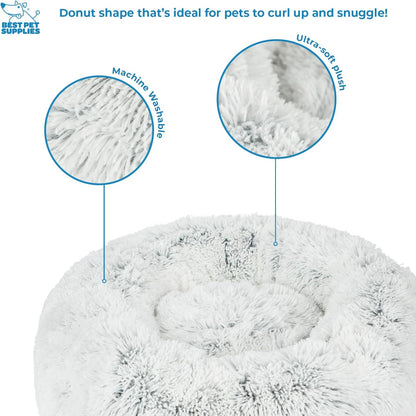 Best Pet Supplies Round Donut Dog Bed with Plush Faux Fur Fabric, Calming, Anti-Anxiety Cushion for Indoor Pets, Slip-Resistant Base, Soft Ergonomic Support - Light Warm Gray, 20x20x6''