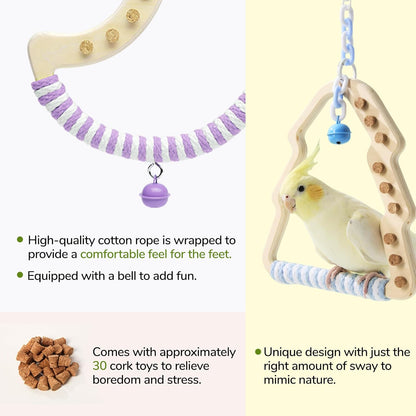Natural Bird Swing - Moon-Shaped Parrot Perch with Bell and Cork Toys, Spinning Wooden Stand for Parakeets, Budgies, Lovebirds and Small/Medium Birds (White + Purple)