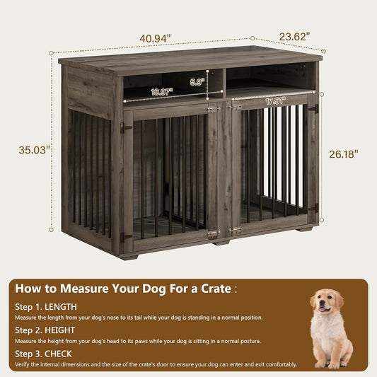 Furniture Dog Crate for 2 Dogs, 41 Inch Dog Kennel Furniture with Removable Divider and Shelf Storage, Wooden Dog Crate for Small/Medium Dogs, Grey