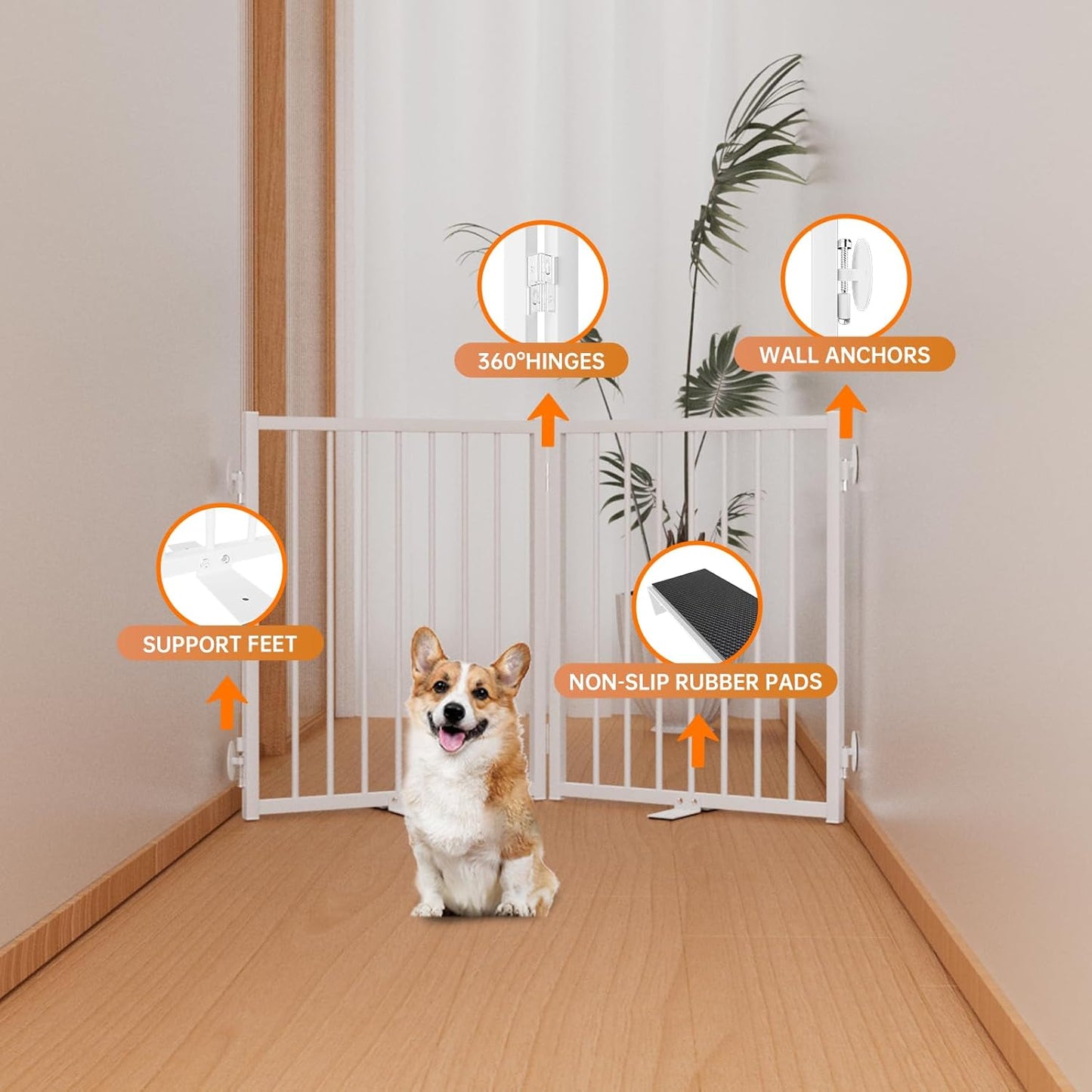 Full Metal Freestanding Dog Gate with Door, 24'' Height Foldable Pet Dog Fence for Indoor & Outdoor, 2 Panels Extra Wide Free Standing Small Dog Gates for Doorways,House,Stairs,Porch,Deck,Yard