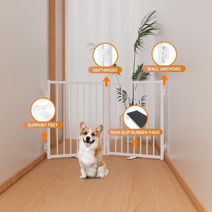 Full Metal Freestanding Dog Gate with Door, 24'' Height Foldable Pet Dog Fence for Indoor & Outdoor, 2 Panels Extra Wide Free Standing Small Dog Gates for Doorways,House,Stairs,Porch,Deck,Yard