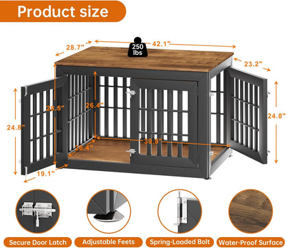 42" Heavy Duty Dog Crate Furniture for Small,Medium and Large Dogs,Rustic Wooden Dog Cage Kennel Indoor Furniture with Waterproof Top,Decorative Pet House Side End Table (Black & Wood)