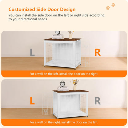 DWANTON Dog Crate Furniture with Cushion, Wooden Kennel Table with Double Doors, Indoor Dog House, Medium Size, 32.5" L, White+Rustic Brown
