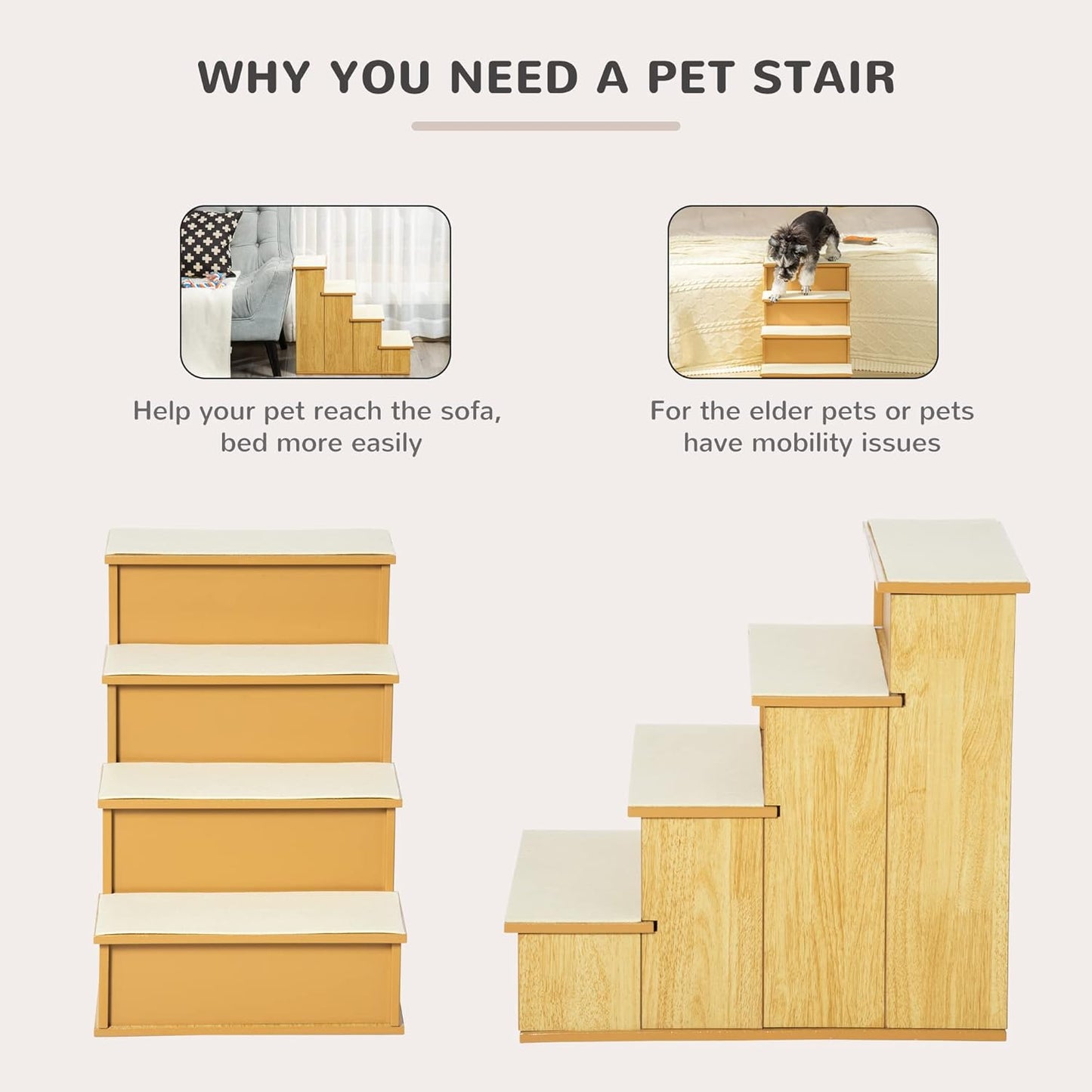 PawHut Pet Stairs, Small Pet Steps with Cushioned Removable Covering for Dogs and Cats Up to 22 Lbs., Natural - Pawvie