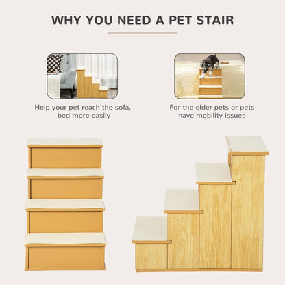 PawHut Pet Stairs, Small Pet Steps with Cushioned Removable Covering for Dogs and Cats Up to 22 Lbs., Natural - Pawvie