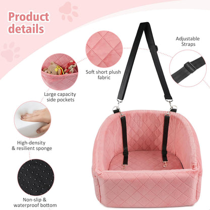 Dog Car Seat for Small Medium Dogs,Detachable Washable Dog Booster Seat Under 30lbs, Pet Car Seats Travel Bed with Storage Pockets and Safety Belt(Pink) - Pawvie