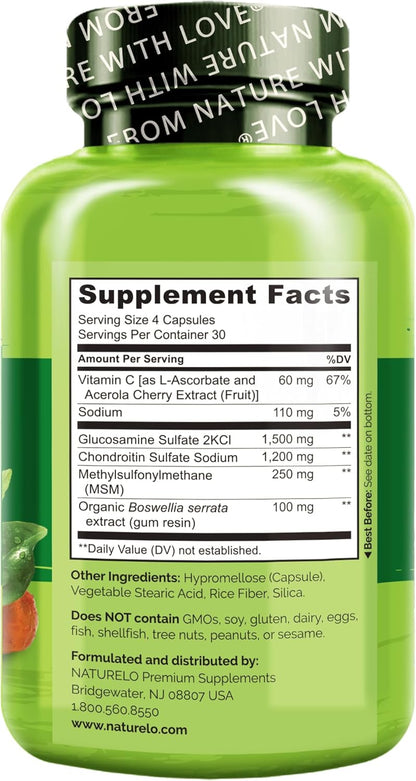 NATURELO Glucosamine Chondroitin MSM with Boswellia and Vitamin C - Supplement for Joint Comfort, Mobility, and Strength - 120 Capsules