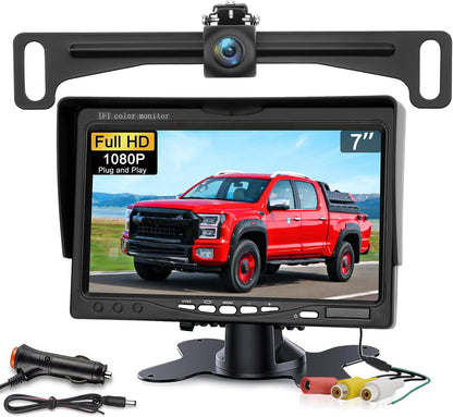 Kairiyard Backup Camera with 7 Inch Monitor, HD 1080P Reverse Rear View Camera Waterproof DIY Grid Lines No-Delay Wired License Plate Camera System for Truck Car SUV