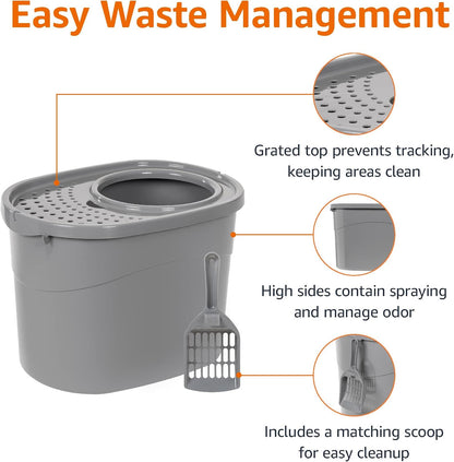 Amazon Basics Large Cat Litter Box with High Sides, Top Entry, Includes Scoop, 20.5 x 14.75 x 14.38 inches, Grey