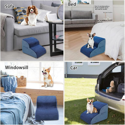 High Density Foam Dog Stairs Steps, 13.7’’ Non-Slip Extra Wide Deep Pet Steps for Beds Or Couches, for Injured or Older Pets Dogs and Cats with Joint Pain, 2-Tiers (Navy Blue)