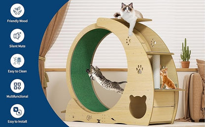 55" Multi-Cat Exercise Wheel with 3-Level Jumper & Scratching Pad - Silent TPE Spinner Activity Center with Rest Area to Prevent Boredom and Obesity in Indoor Cats