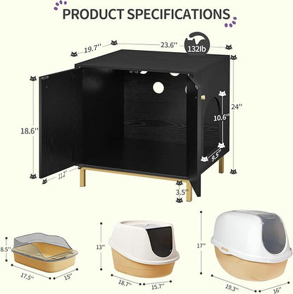 Cat Litter Box Enclosure, Hidden Litter Box Furniture Cabinet, Wooden Indoor Cat House, Side End Table, Living Room, Bedroom, Black and Gold CB81204G