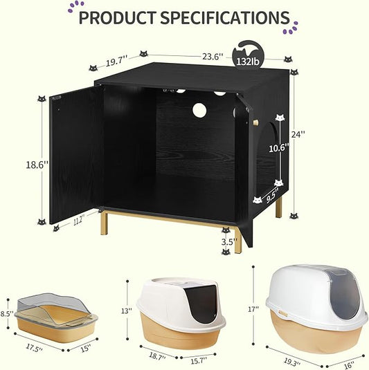 Cat Litter Box Enclosure, Hidden Litter Box Furniture Cabinet, Wooden Indoor Cat House, Side End Table, Living Room, Bedroom, Black and Gold CB81204G