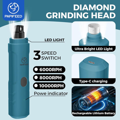 PAPIPAFFEED Dog Nail Grinder Upgraded with 2 LED Lights, 3-Speed Rechargeable & Quiet - Upgraded Electric Pet Nail Trimmer for Small Medium Large Dogs & Cats, Painless Paws Grooming Tool - Blue