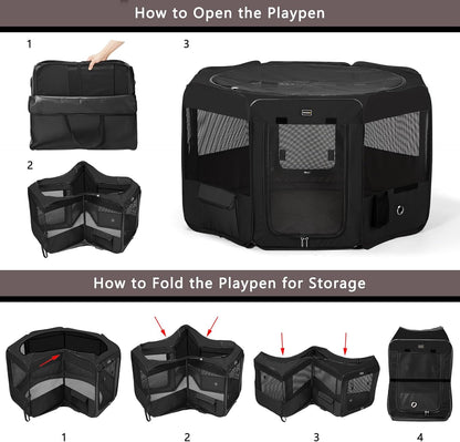DONORO Dog Playpen Portable Pet Play Pens for Small Dog/Cat/Rabbit/Chicks, Cat Playpen Indoor/Outdoor with Carring Case, Removable Zipper Top and Bottom (Black, Medium (36"x36"x20"), 8)