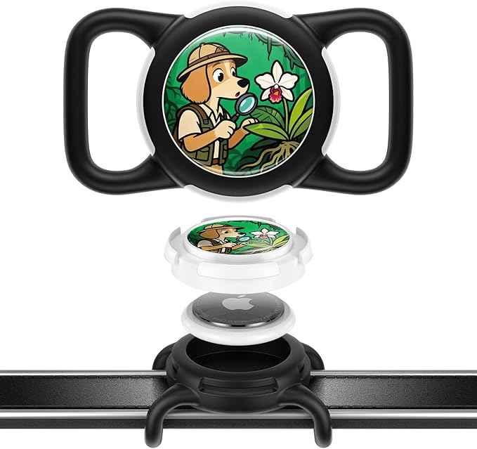 Dog AirTag Holder for Dog Collar, Soft Silicone Slide-On Case for Apple AirTag, No-Dangle Quiet Protective Holder with Eye-Catching Pet Character Designs, Black-Jungle Explorer