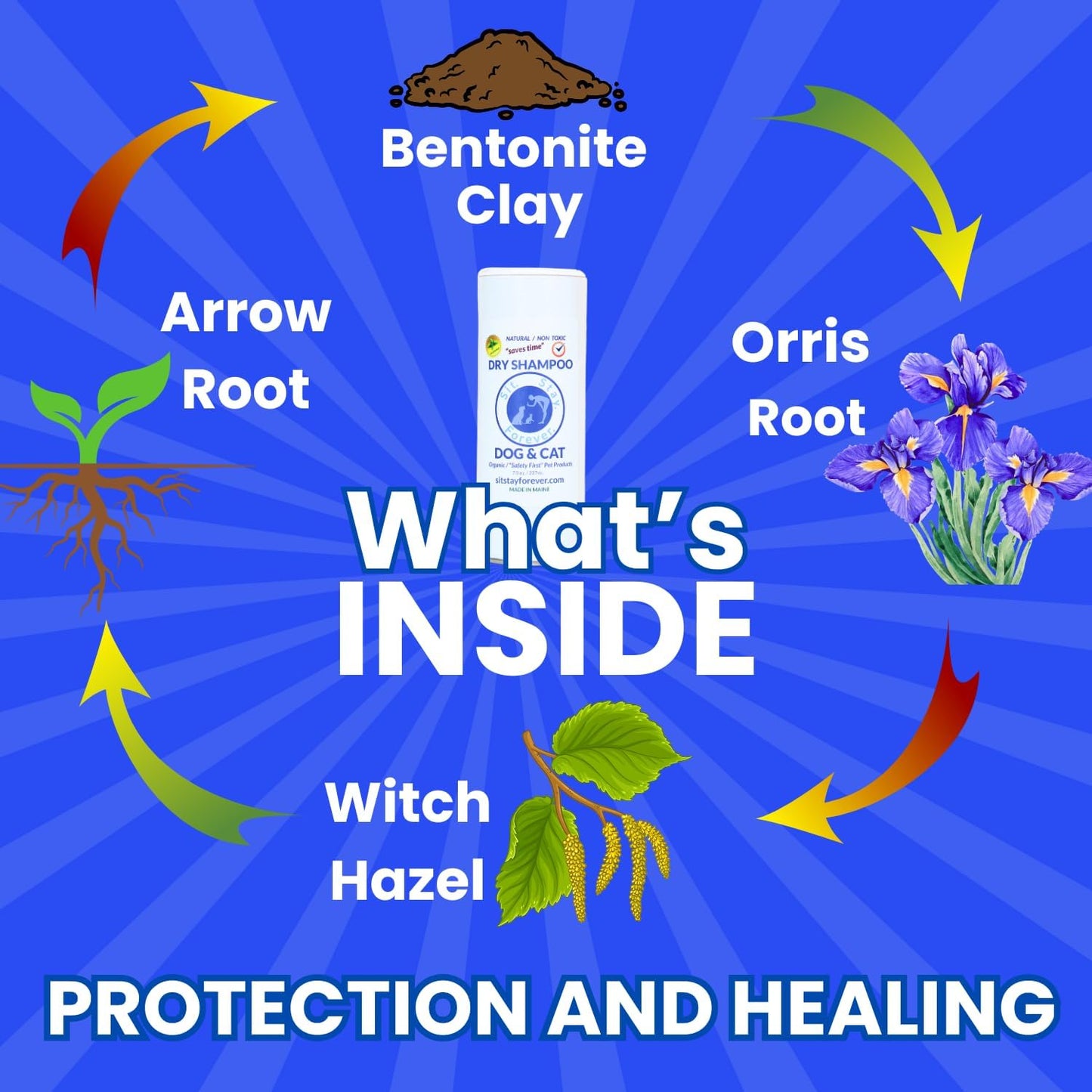 Sit. Stay. Forever. Dry Shampoo for Dogs & Cats – Organic Dry Bath Powder, Talco para Perros, Hypoallergenic, Odor Control for Smelly Dogs, No-Rinse, Anti-Itch, Safe & Natural, Made in The USA, 7 oz