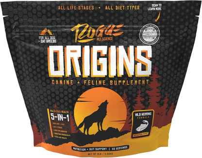 Origins 5-in-1 Dog Supplement - Powdered Food Topper w/Natural Omega 3 Fish Oil - Supports Healthy Digestion, Skin, and Coat - Helps Reduce Itching & Joint Inflammation (2 lbs)