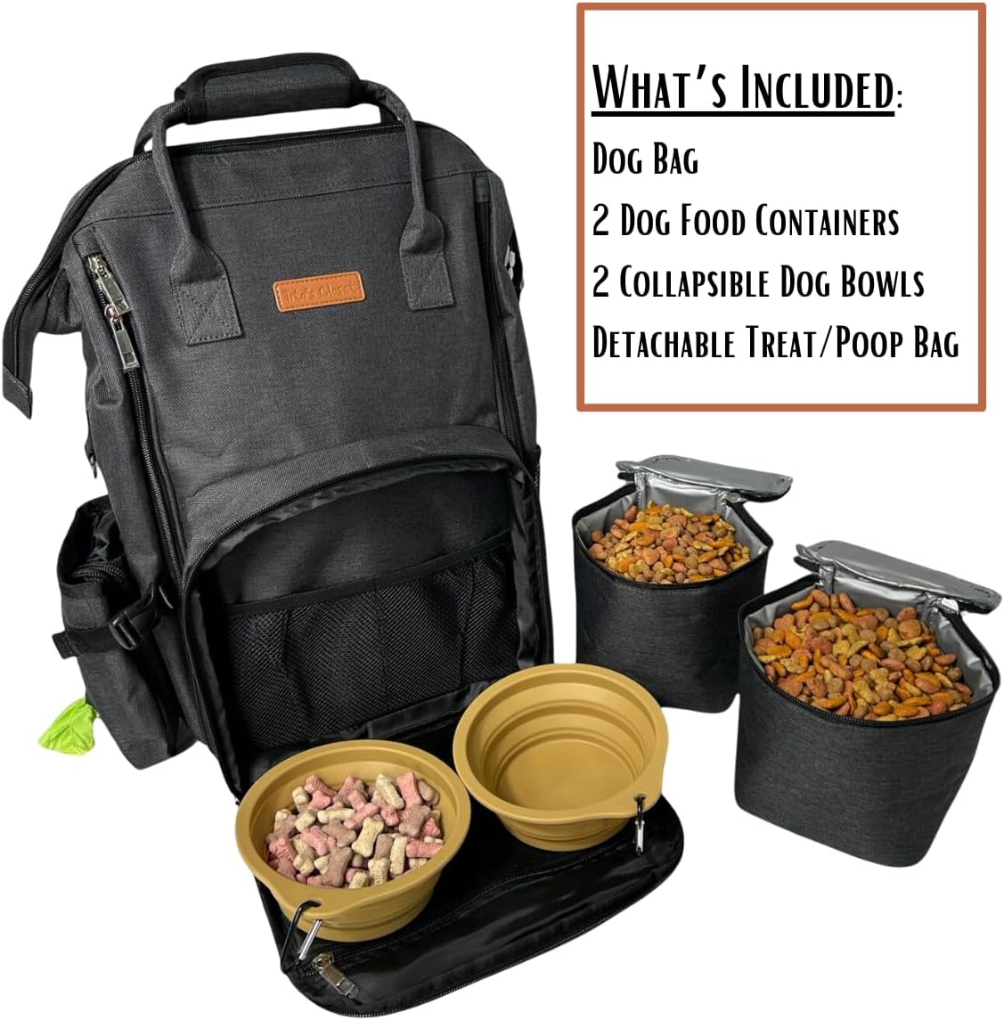Tito's Closet Dog Travel Bag Includes Dog Travel Accessories 2-Pack Dog Travel Bowl, 2 Dog Food Containers, Dog Treat Bag (Black), DB2024 - Pawvie