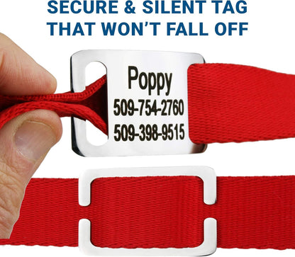 GoTags Personalized Dog Collar with Nameplate, Adjustable Dog Collar with Custom Engraved Slide On Pet ID Tag in Stainless Steel, Silent, No Noise Dog Tag for Large Medium and Small (Red, Large)