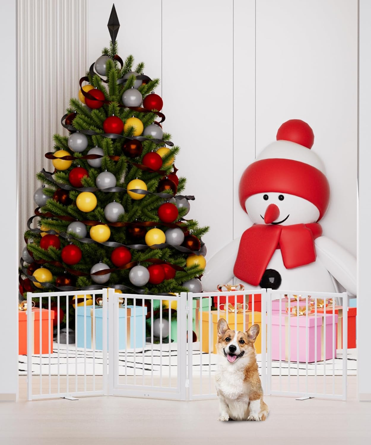 Full Metal Freestanding Dog Gate with Door, 24'' Height Foldable Pet Dog Fence for Indoor & Outdoor, 4 Panels Extra Wide Free Standing SmallDog Gates for Doorways,House,Stairs,Porch,Deck,Yard