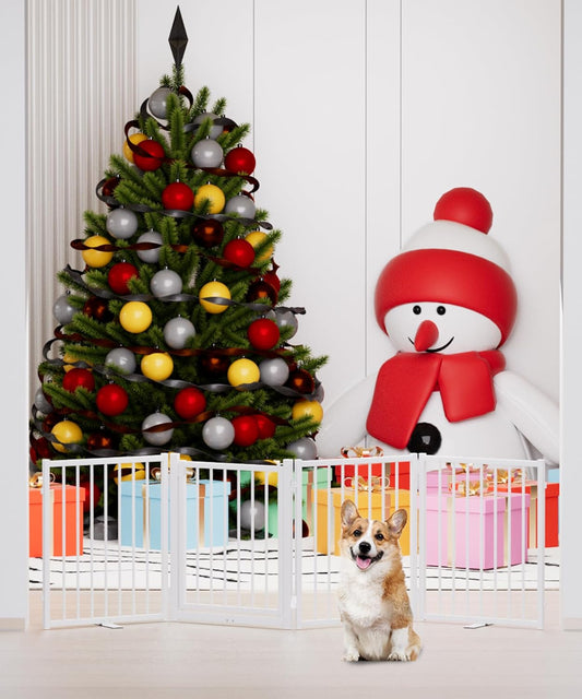 Full Metal Freestanding Dog Gate with Door, 24'' Height Foldable Pet Dog Fence for Indoor & Outdoor, 4 Panels Extra Wide Free Standing SmallDog Gates for Doorways,House,Stairs,Porch,Deck,Yard