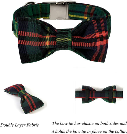 Lionet Paws Christmas Dog Collar with Bowtie Durable Adjustable Handmade Comfortable Bowtie Dog Collar Green with Metal Buckle for Small Dogs,Girl Boy,Party,Festival,Holiday Style,Neck 10-16in