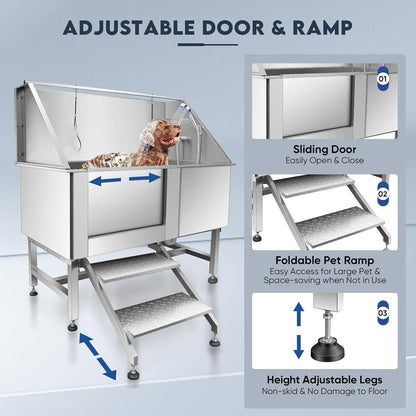 62" Pet Dog Bathing Station,Professional Stainless Steel Dog Grooming Tub,Pet Bathing Tub Dog Bathing Station with Faucet Walk-in Ramp Accessories,Commercial or Household use, (Extra Large)
