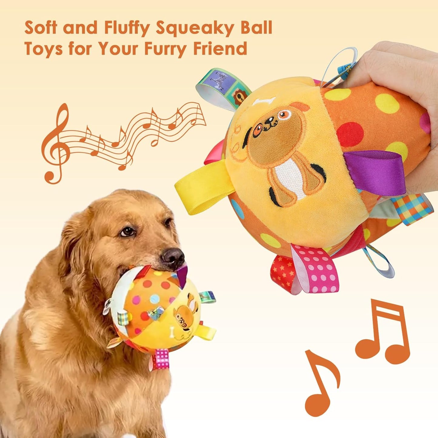 Dog Squeaky Plush Toy with Straps, 6-Inch Soft Stuffed Ball with Cotton Material and Bell Built-in, Pet Interactive Fetch Toy for Small to Large Dog