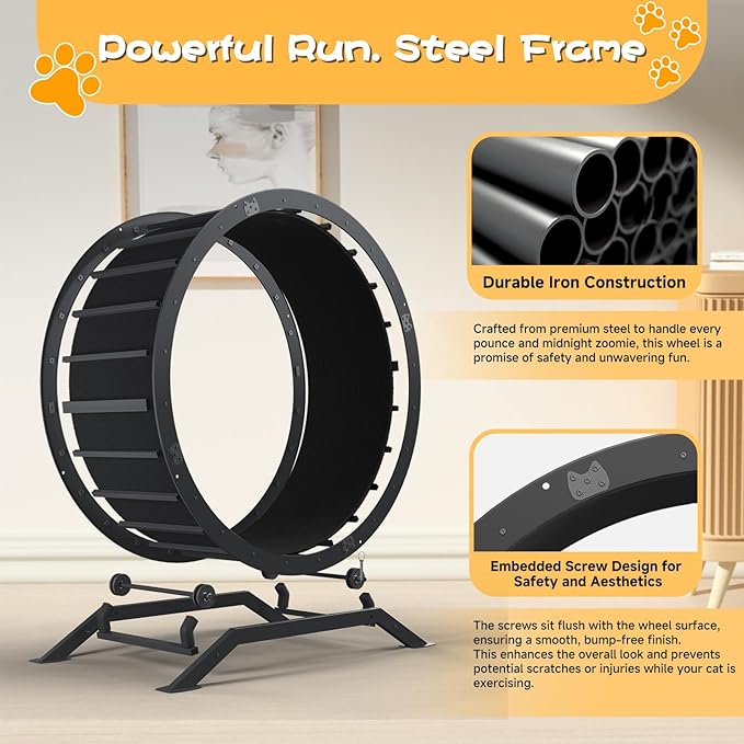 GTPLAYER Cat Wheels, Large Cat Exercise Wheel for Indoor Cats, 40"Diameter cat treadmill Detachable Carpet & Teaser, stickers, Ultra-quiet scroll wheel With latch, Suitable for Most Cats, Metal, Black