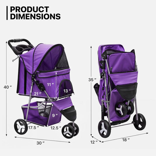 MoNiBloom 3 Wheels Pet Dog Cat Stroller for Small Medium Dogs Cats, Lightweight Foldable Jogger Stroller w/Storage Basket and Cup Holder, Purple - Pawvie